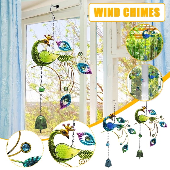 sdhkgrrt 2Pcs Peacock Shape Wind Chime, Metal Garden Balcony Decoration, Outdoor Wind Chimes, Patio Hanging Decor, Glass and Iron Wind Chime, Garden Art, Soothing Sound Decor