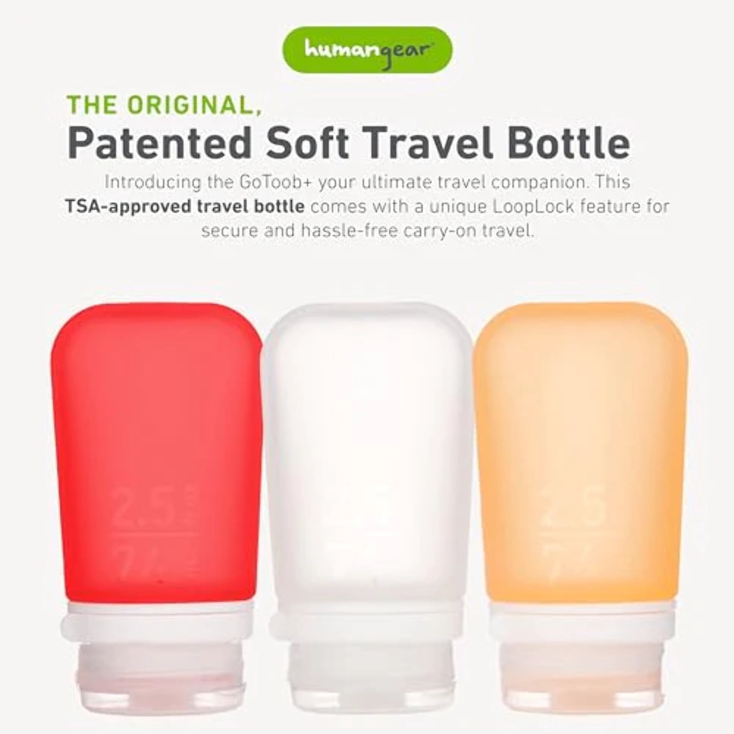 Humangear GoToob+ Soft Silicone Travel Bottle 3-Pack - Medium - Clear/Red/Orange