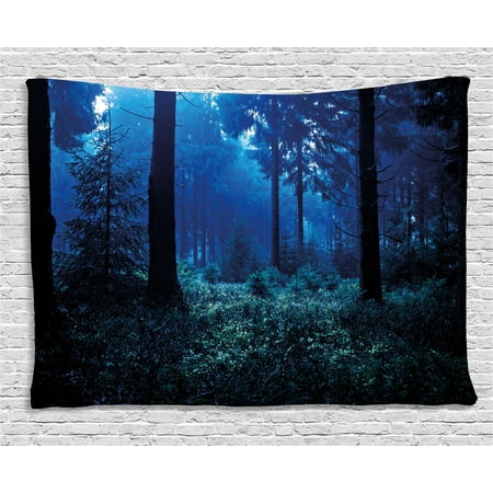 Night Tapestry, Misty Nature Scene of Autumn Forest in Thuringia Germany Tranquil Woodland, Wall Hanging for Bedroom Living Room Dorm Decor, 80W X 60L Inches, Blue Green White, by