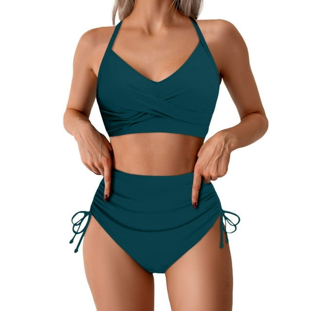 Womens High Waisted Bikini Sets Drawstring Swimsuits Crisscross Tie Back Bathing Suit