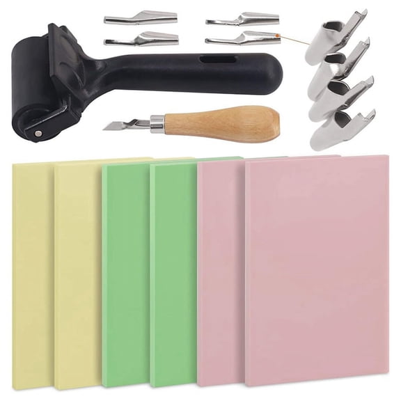12Pcs Rubber Stamp Making Kit with Stamp Block, Rubber Brayer Roller,Rubber and Wood Carving Cutting Tool