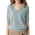 thumbnail image 2 of Alkepwun Womens Summer Lightweight Short Sleeve Sweaters Cute Knit V Neck Shirts Pullover Business Casual Tops Dressy Blouse, 2 of 7
