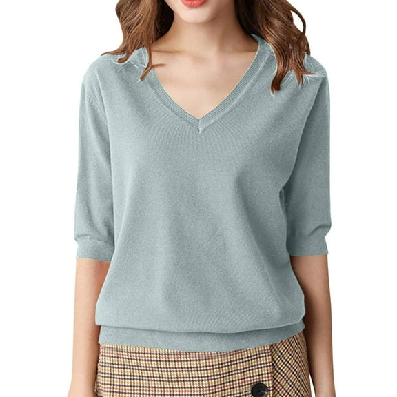UYISJ Womens Puff Half Sleeve Sweater V Neck Pullover Tops Ribbed Knit Sweater Blouse Casual Solid Color Knitwear Green L