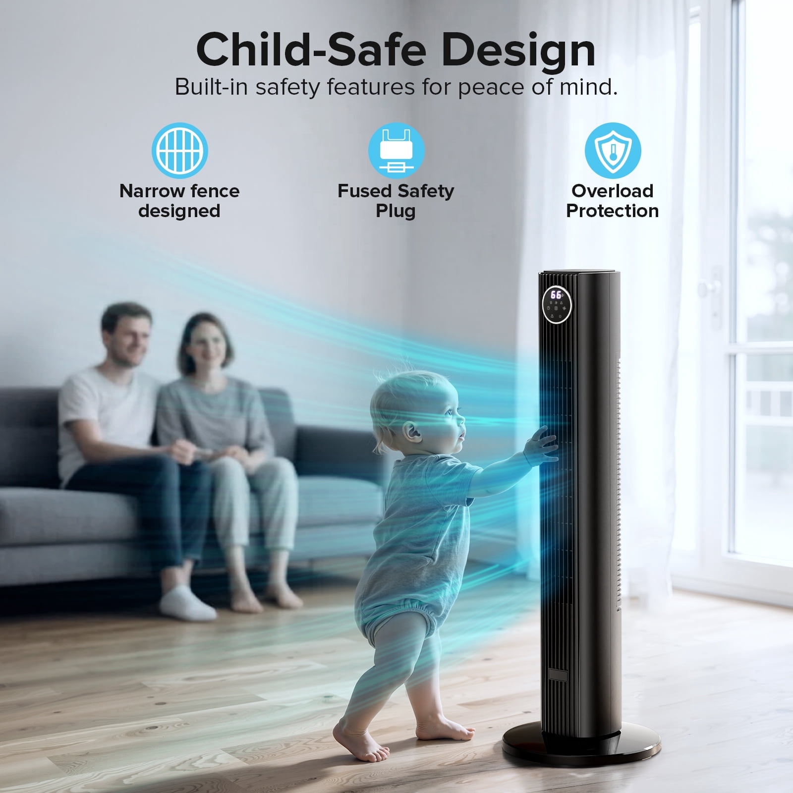 Electactic 35" Bladeless Tower Fan, Quiet Oscillating Fan with Remote, 4 Modes & 3 Speeds, 12H Timer, LED Display, Safe for Kids & Pets, Ideal for Bedroom & Home (Black)