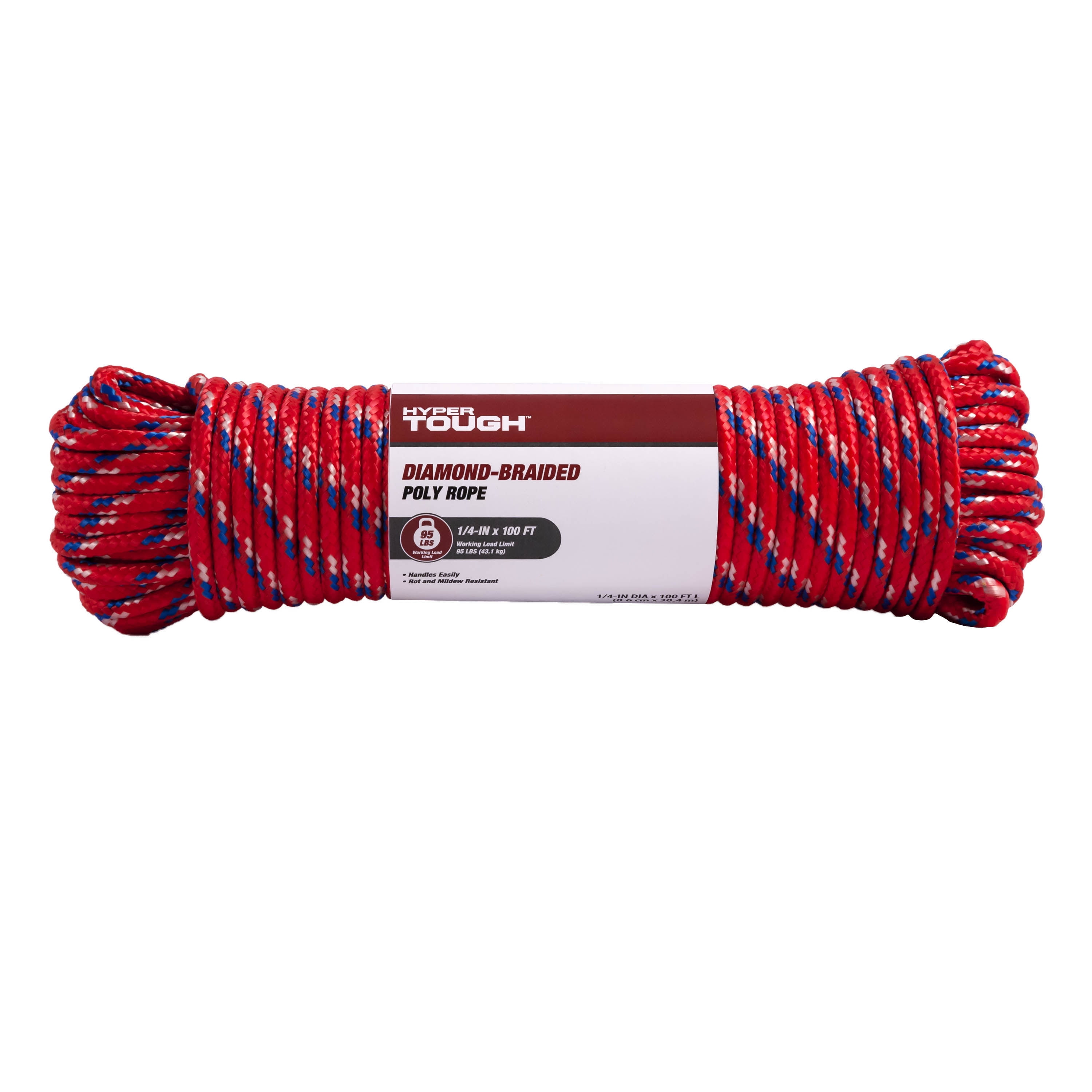 Hyper Tough 100' x 1/4" Diamond Braided Poly Rope, Multi-Color
