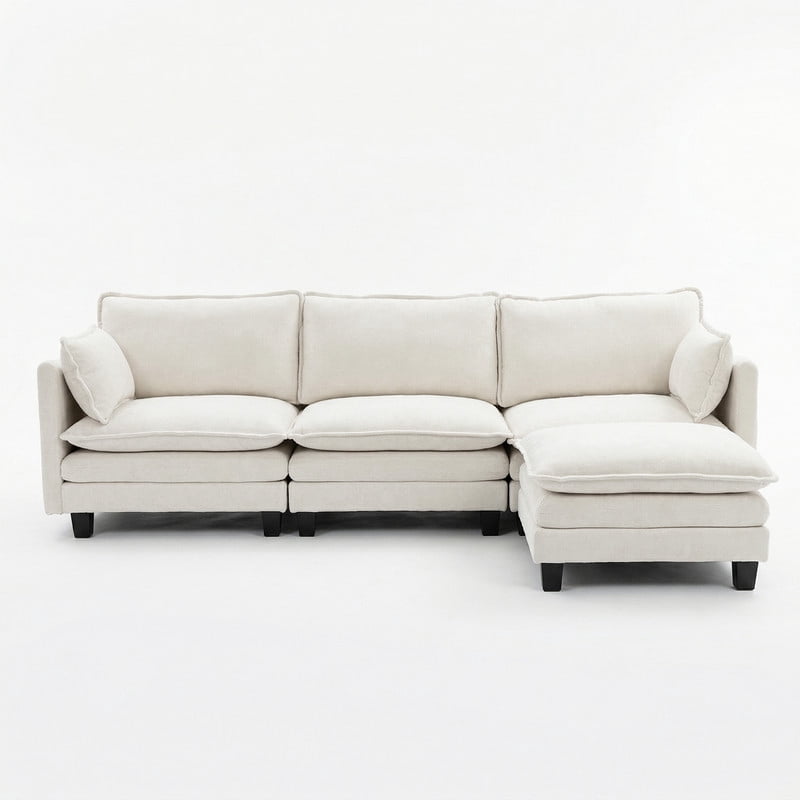 Modern 110"W Chenille L-Shape Sectional Sofa Set,3-Seat Sofa Couch + Ottoman, USB Port, Side Pocket