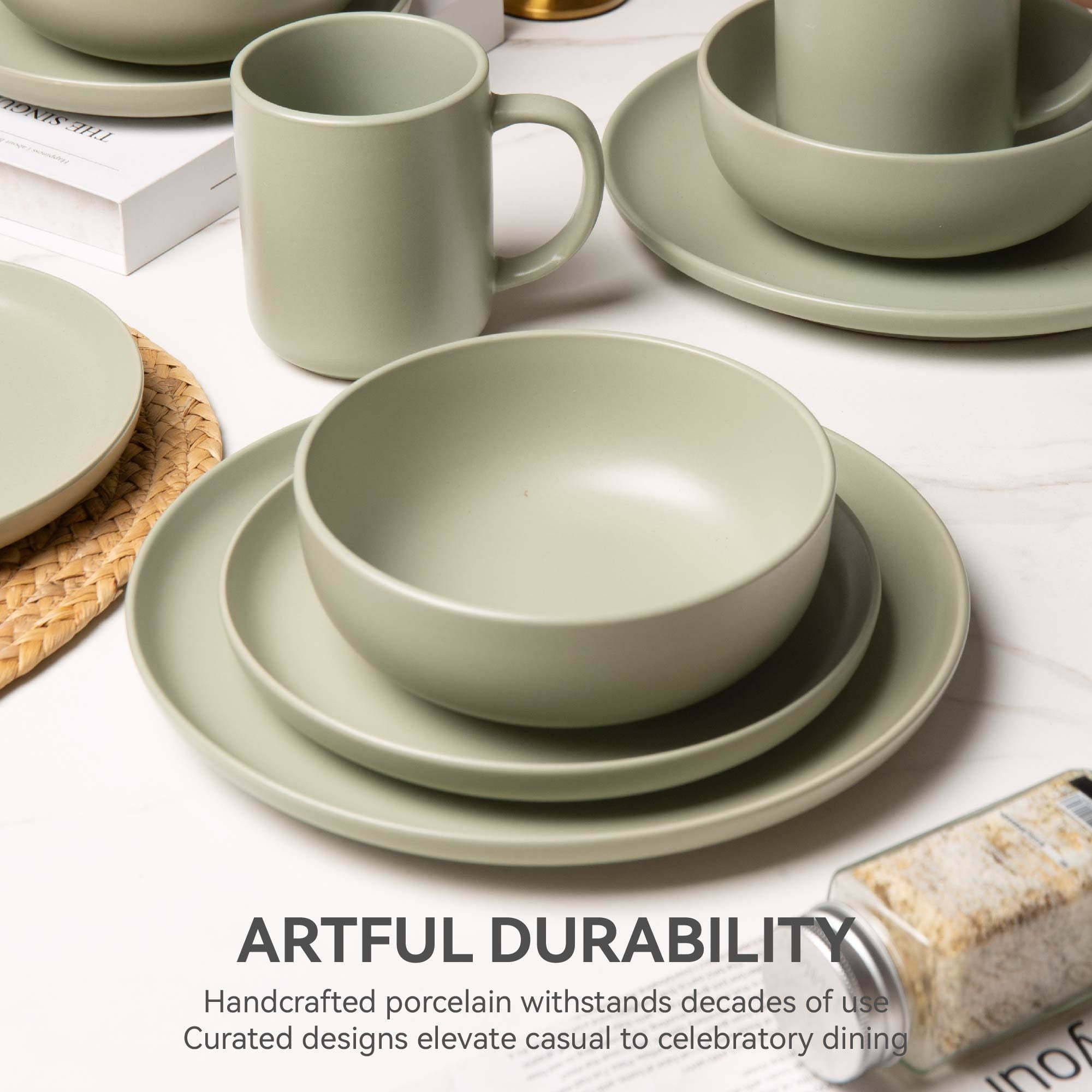 12-Piece Stoneware Dinnerware Sets with Mugs, Microwave & Dishwasher Safe, Non-Toxic Dinner Plates Bowls Set, Stackable Matte Glaze Kitchenware for 3