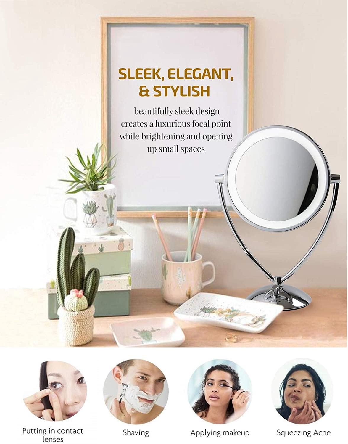 OVENTE Lighted Tabletop Makeup Mirror 9.5" LED Dimmable 1X 5X Magnifier 360 Adjustable Double Sided Battery USB Operated Bedroom Lamp Vanity Cosmetic Professional Large Polished Chrome MLT45CH1X5X