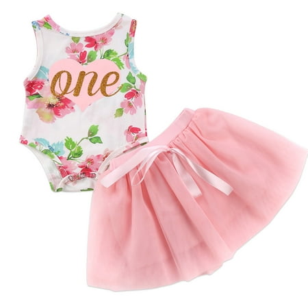 Baby Girls 1st Birthday Outfits Sleeveless Floral Bodysuit With Pink Tutu