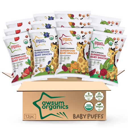 Awsum Organics Snacks - Happy Healthy Food - Snack for kids - Vegan Kosher Gluten Free - Natural Plant Based Protein Puffs - Non-Allergy - No Added Sugar 0.75 Oz Bag (Variety, 12 packs)