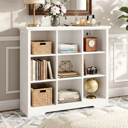 iSunirm 38.6 Wide 9 Cube Storage Organizer with Charging Station 4-Tier Wooden Cube Bookcase for Living Room Entryway White