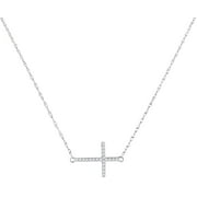 10K White Gold Diamond Sideways Horizontal Cross Pendant Necklace 1/20 Ctw.