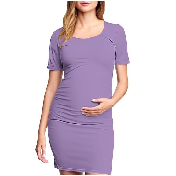 Womens Maternity Midi Dress Crew Neck Short Sleeve Pregnancy Dresses Fashion Elegant Side Ruched Tunic Solid Color Dress