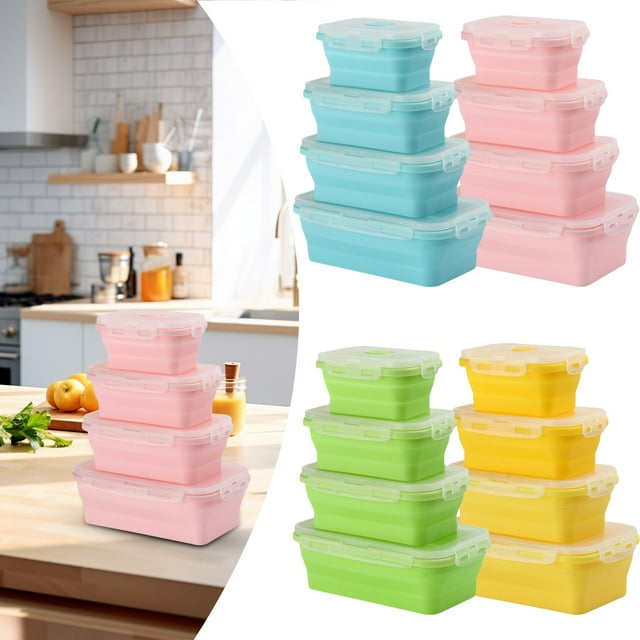 Food Storage Containers Basdi 4-Pc Silicone Storage Container Set - Microwave & Freezer Safe Food Savers | Airtight Lids, Stackable, Ideal for Meal Prep and Kitchen Organization, Microwave Safe Boxes