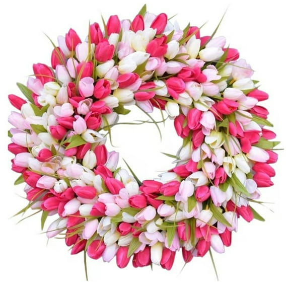 Visland Artificial Tulip Flower Wreath for Front Door Pink Silk Flower Wreath with Tulips and Green Leaves Decorative Spring Wreath for Home Party Wedding Decor,14in