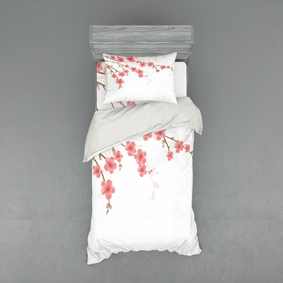 Ambesonne Flower Bedding Set 3 Pcs, Cherry Blossom Art, Twin XL, Pink Green