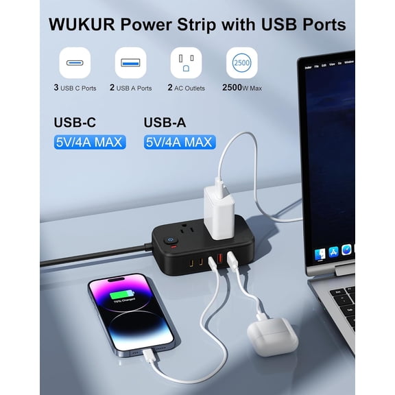 JUNCHI-Travel Power Strip with USB C Ports: 40W Flat Plug Power Strip with 2 AC Outlets, 3 USB-C & 2 USB-A Ports, 5Ft Extension Cord Cruise Approved Non Surge Protector for Dorm, Desk, Travel Essenti