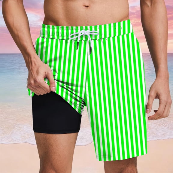 YOIAVAIOY Mens Swim Trunks with Compression Liner 5 Inch, Quick Dry Bathing Suit with Zipper Pockets Swim Shorts Green M