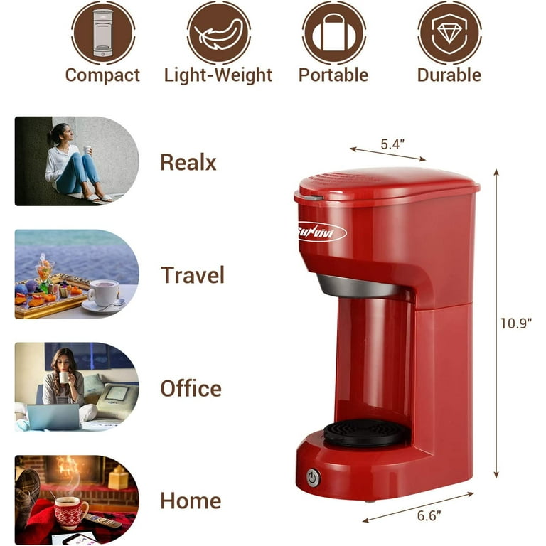 Single Serve Coffee Maker With Filter Mini Coffee Brewer for K Cup Pods  Capsule Ground Coffee Instant Coffee Machine, Red 