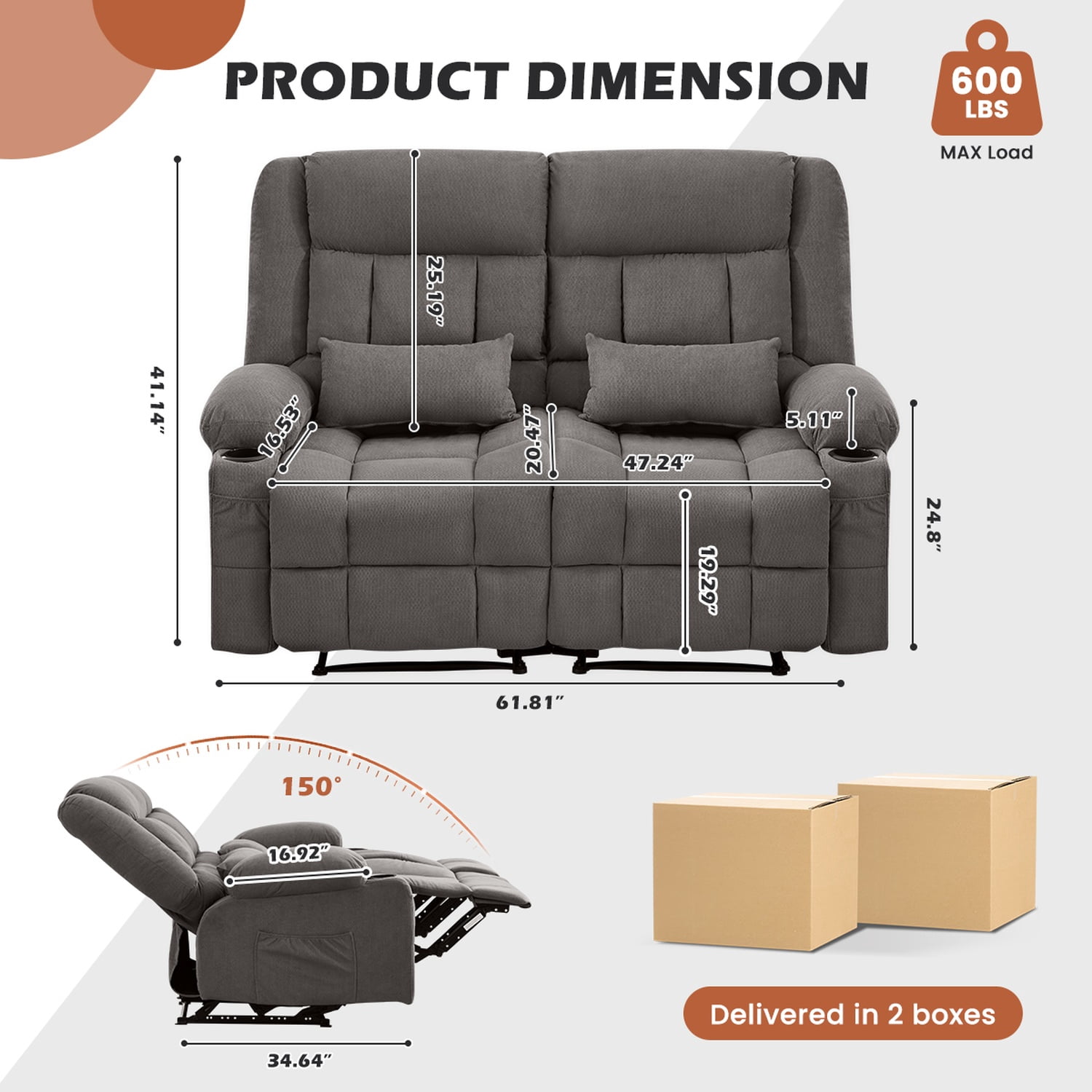 Alvantor Loveseat Recliner Sofa for Adults with Cup Holders, Modern Overstuffed Manual Sofa Chair for Home Theater Grey