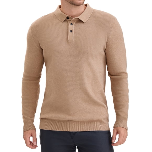 Camisa de polo de punto de negocios de color sólido de manga larga para hombre L caqui