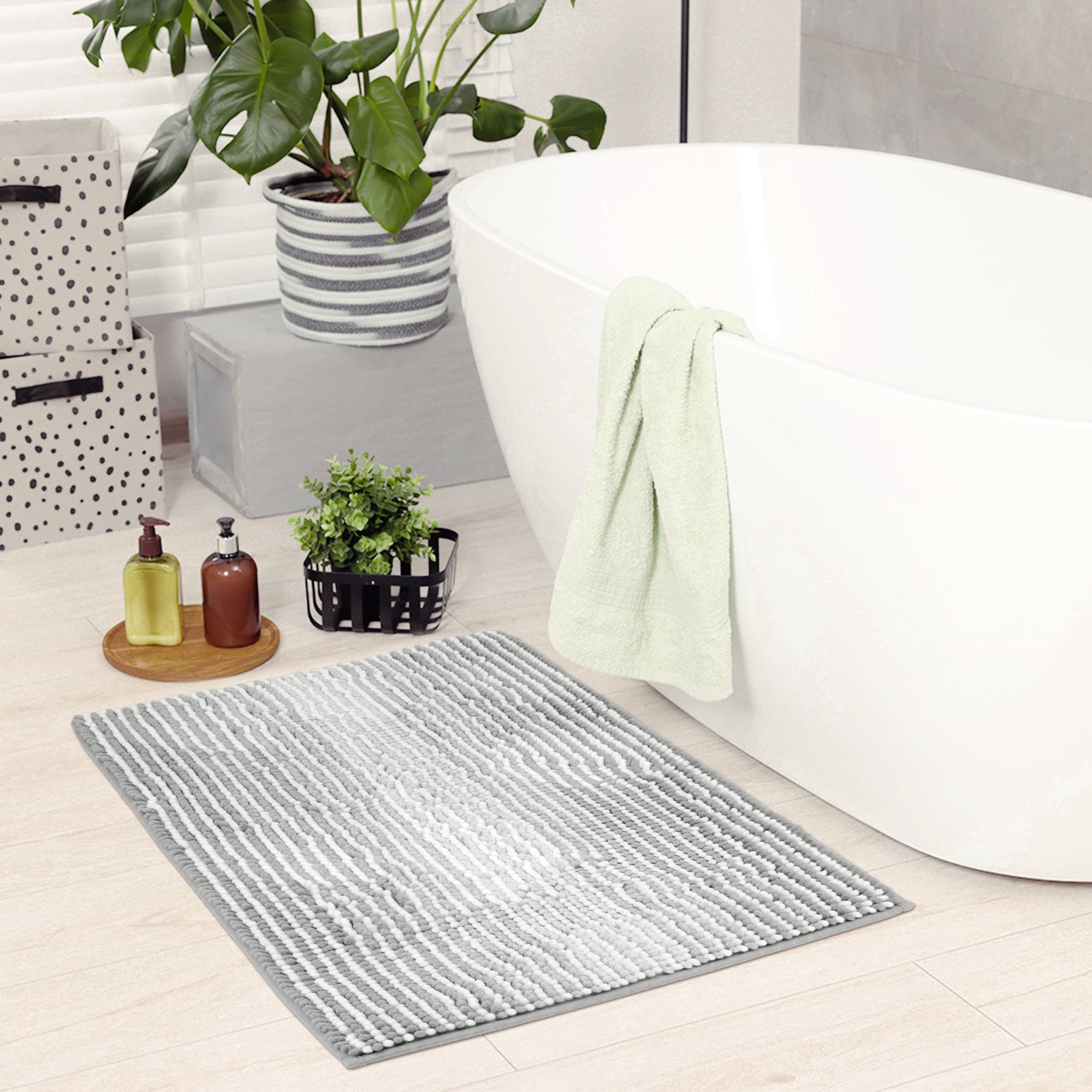 Unique Bargains Quick Dry Non Slip Chenille Bath Mat Cozy Shaggy Bath Rugs Gray 20" x 32"