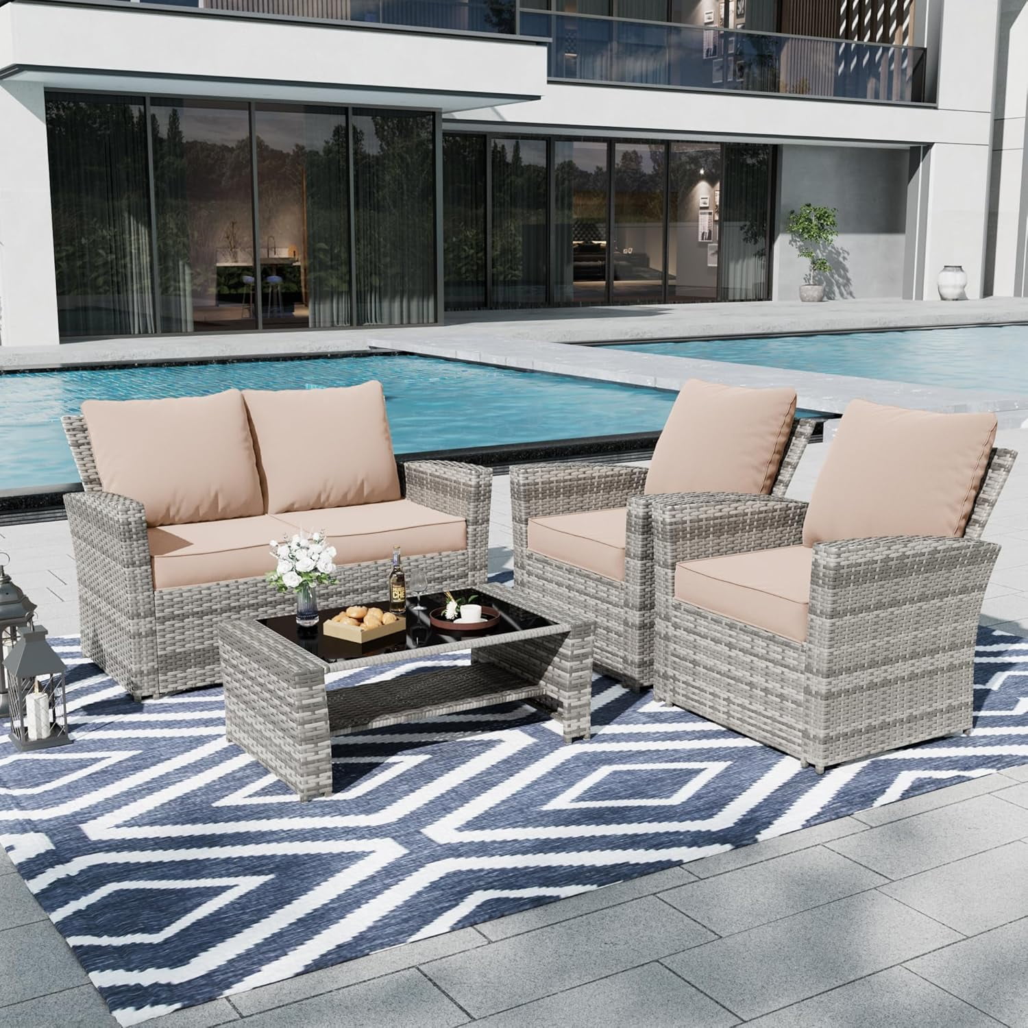 MRUAKA Outdoor Cushions for Patio Furniture, 4'' Replacement Cushions for Outdoor Furniture, Set of 4 Water-Resistant Outdoor Sectional Cushions for Sofa Couch Chair (Beige)
