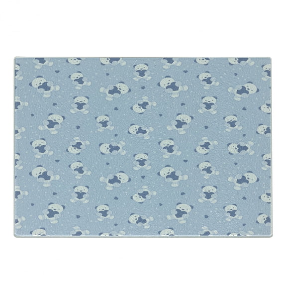 Cartoon Cutting Board, Teddy Bears Blue Backdrop Holding Hearts Shower Theme, Decorative Tempered Glass Cutting and Serving Board, Small Size, Cadet Blue Pale Blue, by Ambesonne
