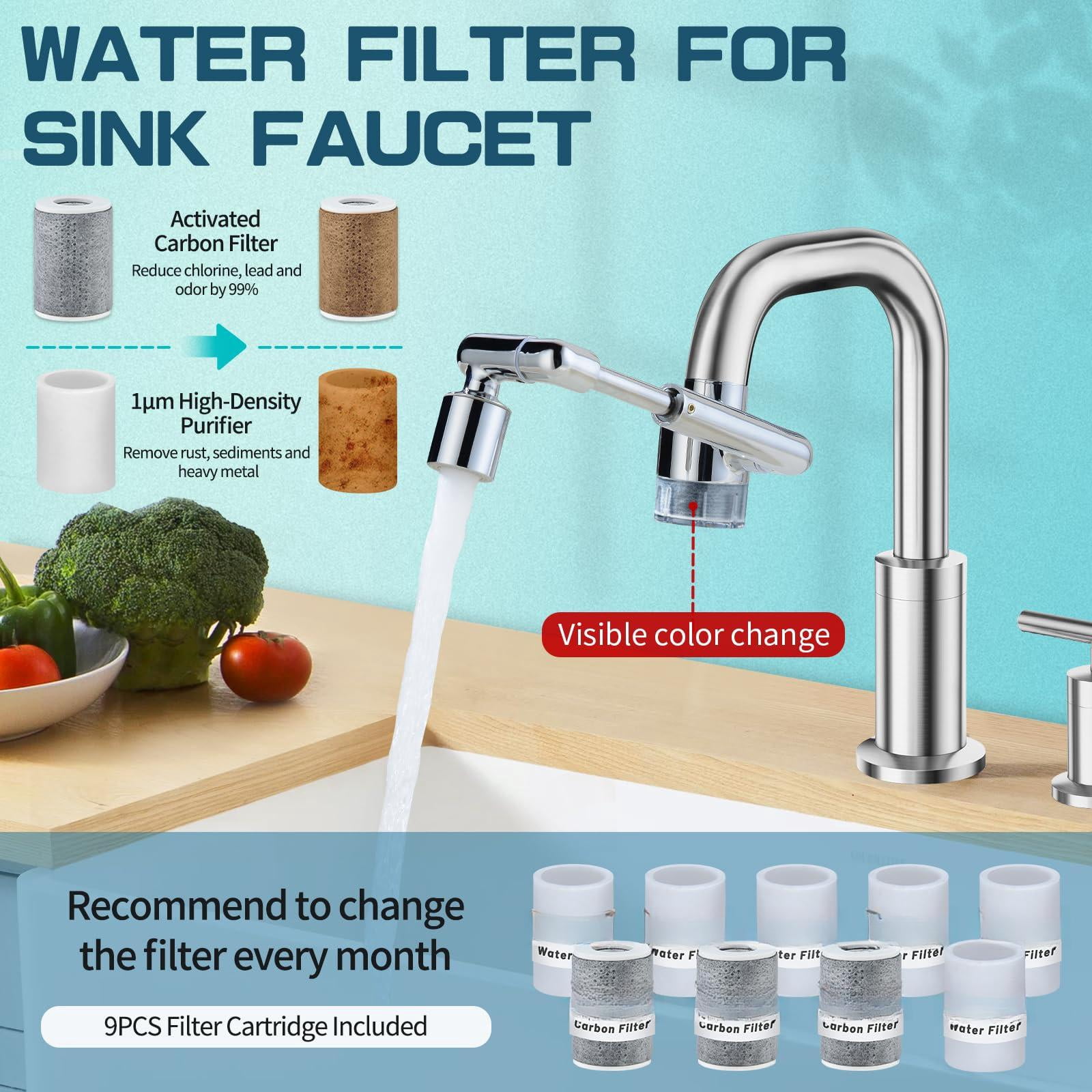 1440ºsink-water-filter Faucet-extender 3.0 Telescopic - Carbon Purifier Reduce 99% Chlorine  Test Bathroom Kitchen Aerator Swivel Long Arm Extension For Hard Water Softener