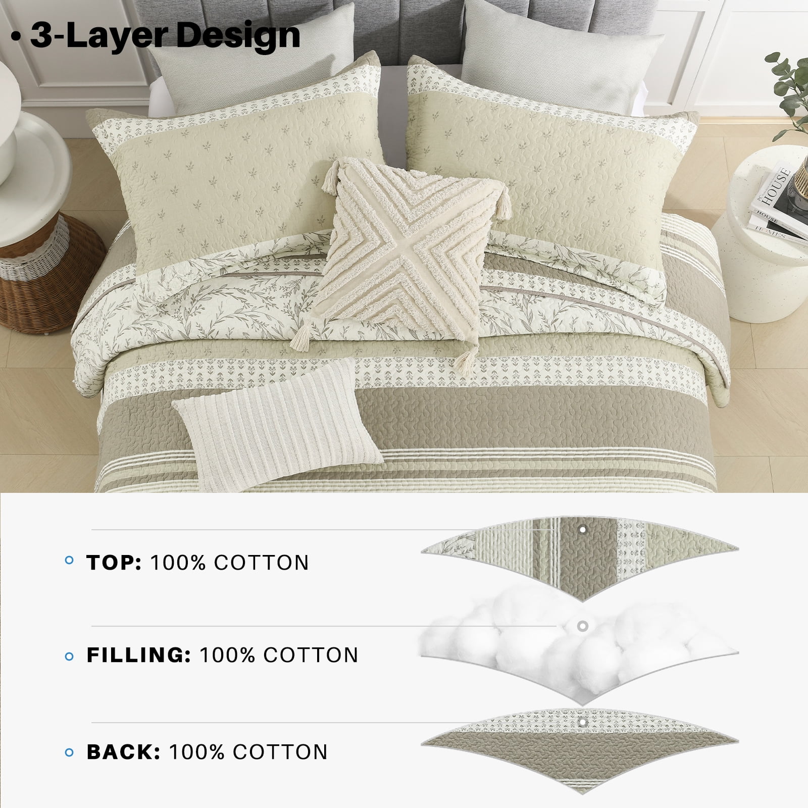Bedduvit King Size Quilt Set - 100% Cotton Vintage Striped Framhouse Beige Brown King Quilted Bedding Set, Lightweight Reversible Soft Botanical Floral Print Bedspread, Quilts for King Bed, 98x106