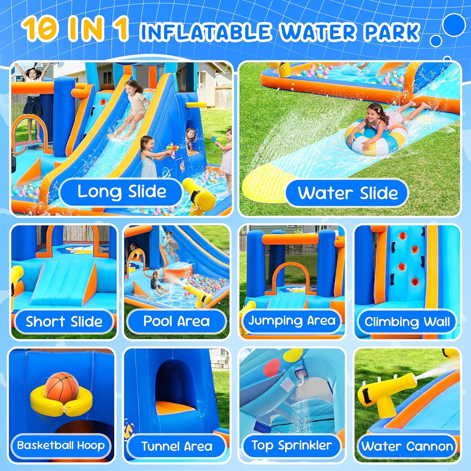 Cuoote Inflatable Water Slide for Kids, 2 Min Blow Up 10 in 1 Giant Water Park for Backyard Outdoor with Large Slide, Pool, Tunnel, Bounce House, Basketball Hoop, Climbing Wall, Air Blower