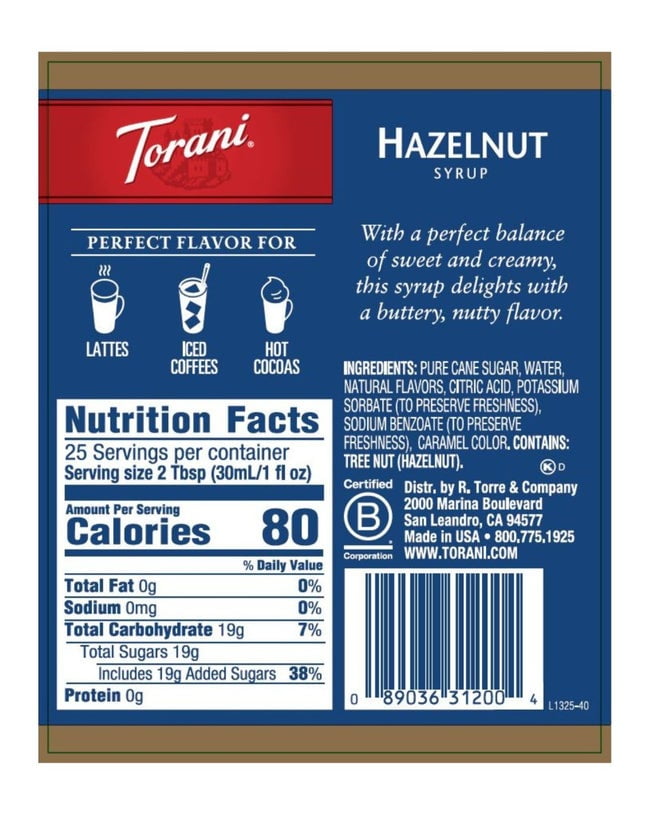 (4 pack) Torani Hazelnut Syrup, Glass Bottle, Drink Flavoring Syrup, Tree Nut Allergen, 25.4 fl oz