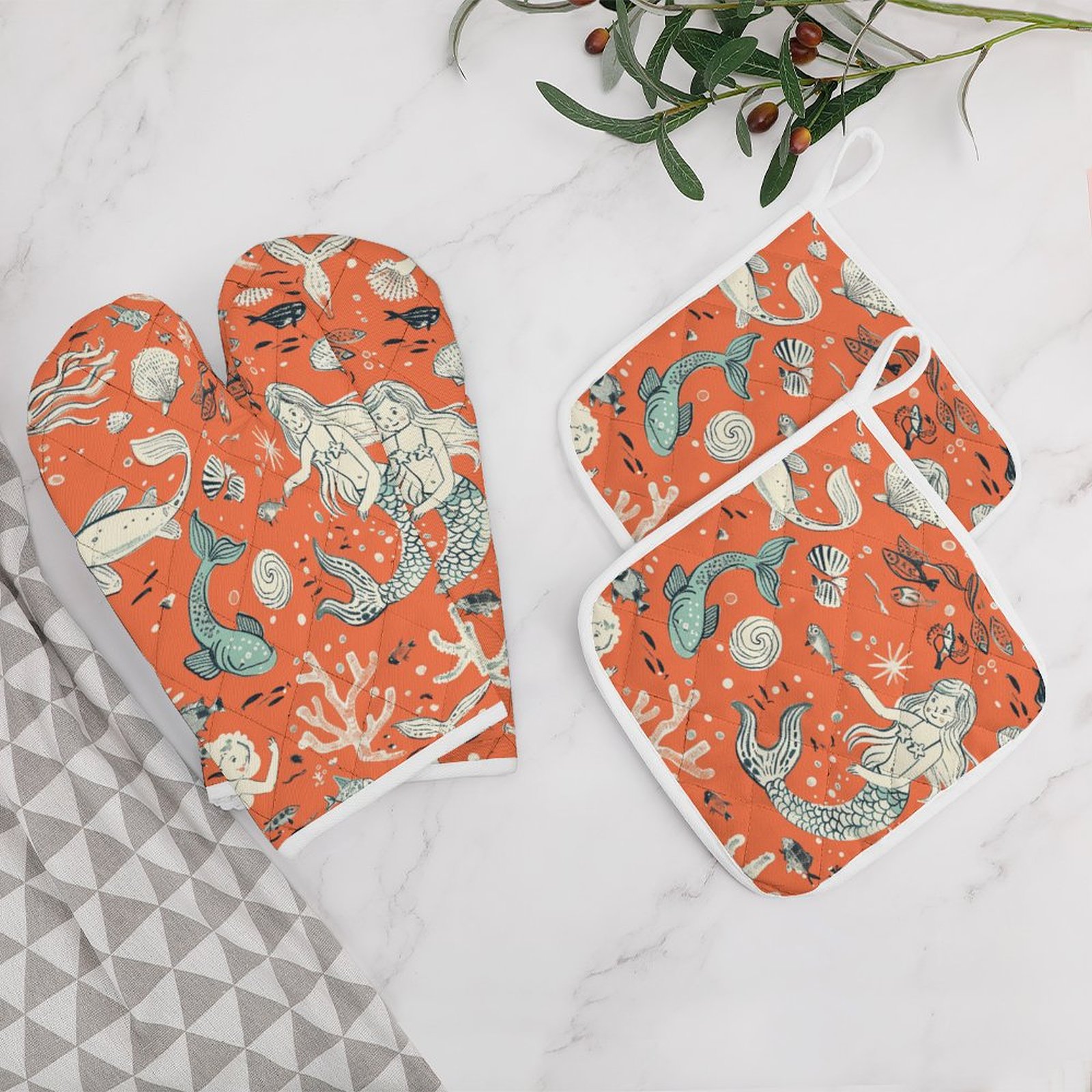 Ocean Cute Mermaid Oven And Pot Holders Sets, Heat Resistant Pads Kitchen Decor for Cooking Baking BBQ Grilling, Christmas Kitchen Gifts