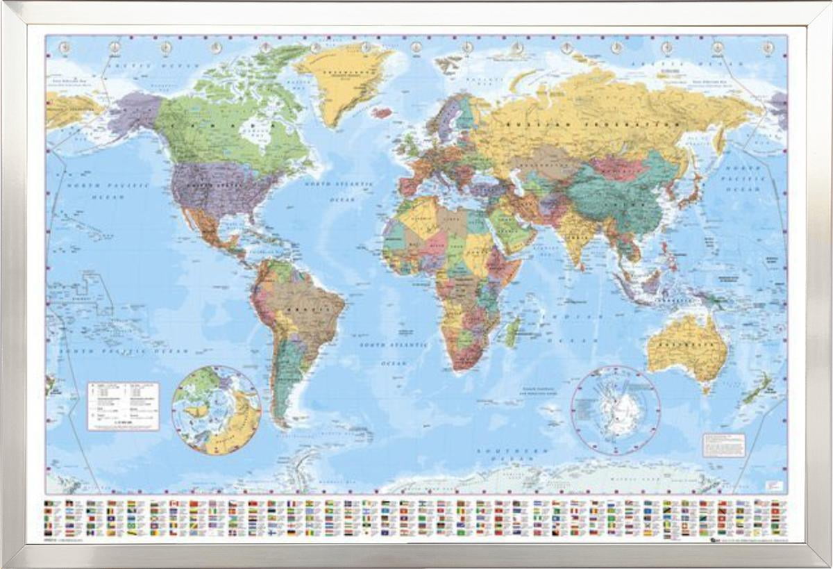 FRAMED World Map with Flags 24x36 in Real Wood Brushed Nickel Finish ...