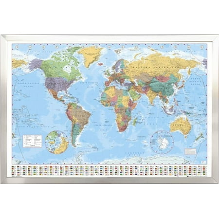FRAMED World Map With Flags 24x36 In Real Wood Brushed