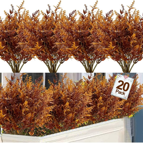 20 Bundles Artificial Fall Flowers Outdoor Fall Decor Artificial Lavender Fake Plastic Plants UV Resistant Faux Plants Flowers Fall Autumn Thanksgiving Decorations Indoor Home Garden(Orange)