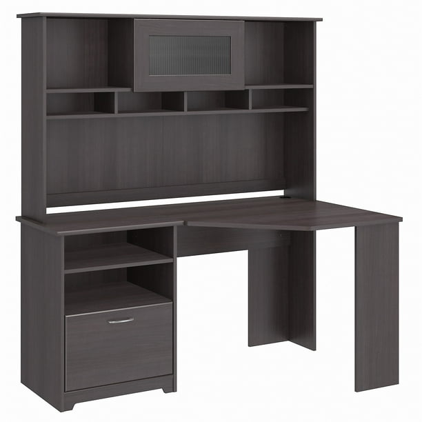 Cabot Modern 60w Corner Desk With Hutch Includes File Drawer And Storage Shelves In Heather Gray Com Cabot Modern 60w Corner Desk With Hutch, Corner Computer Desk With File Drawer