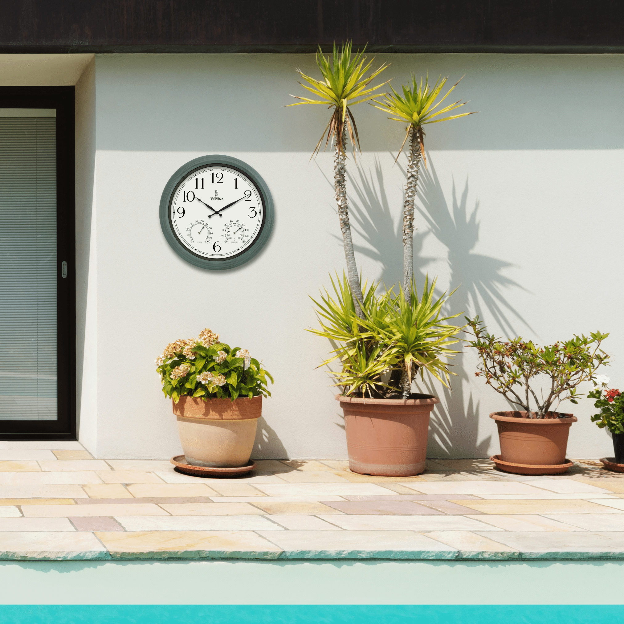18 inch Outdoor Clocks for Patio Large Waterproof with Thermometer - Teal Blue Outdoor Clock with Temperature and Humidity for Wall - Weatherproof, Accurate & Easy to Read for Pool, Patio & Garden