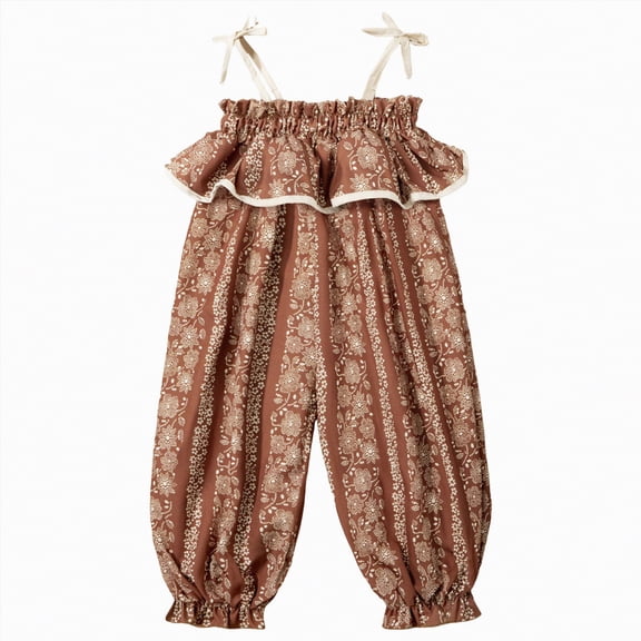 kpoplk Baby Girl Summer Clothes Ruffled Sleeveless Jumpsuit Tank Smocked Bubble Romper Floral Print Tie-Up Straps Jumpsuit Size 3-4 Years,Brown