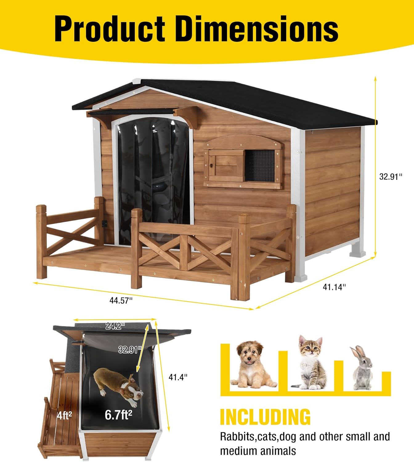 Aivituvin Heated Dog House Outdoor Dog Kennel with Safe Heated Pad, Chew-Proof Metal Frame and Rotating Food Bowl for Small to Medium Dogs, 44.6" L x 41.1" W x 32.9“H (Dark Brown)