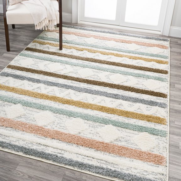 JONATHAN Y SANTA THERESA 3 x 5 Area Rug, Faiza Moroccan Striped Geometric - Multi/Cream, SNT106A-3