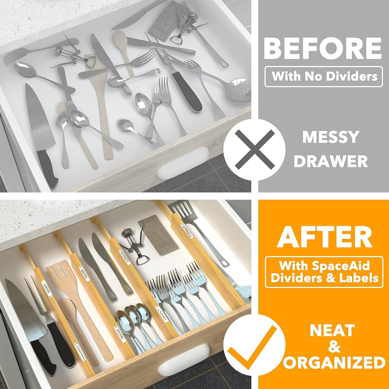 SpaceAid Bamboo Drawer Dividers with Labels, Kitchen Adjustable Drawer Organizers,6 Dividers (17-22 in)