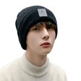 thumbnail image 1 of Men Hat Solid Color Labeling Brimless Stretch Coldproof Beanie Hat Autumn Winter Plush Lining Ear Protection Hat Streetwear, 1 of 10