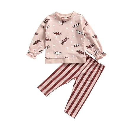 

Sunisery Giraffe/Candy Print Long Sleeve Pullover + Color Block Striped Pants Pink Candy 1-2 Years