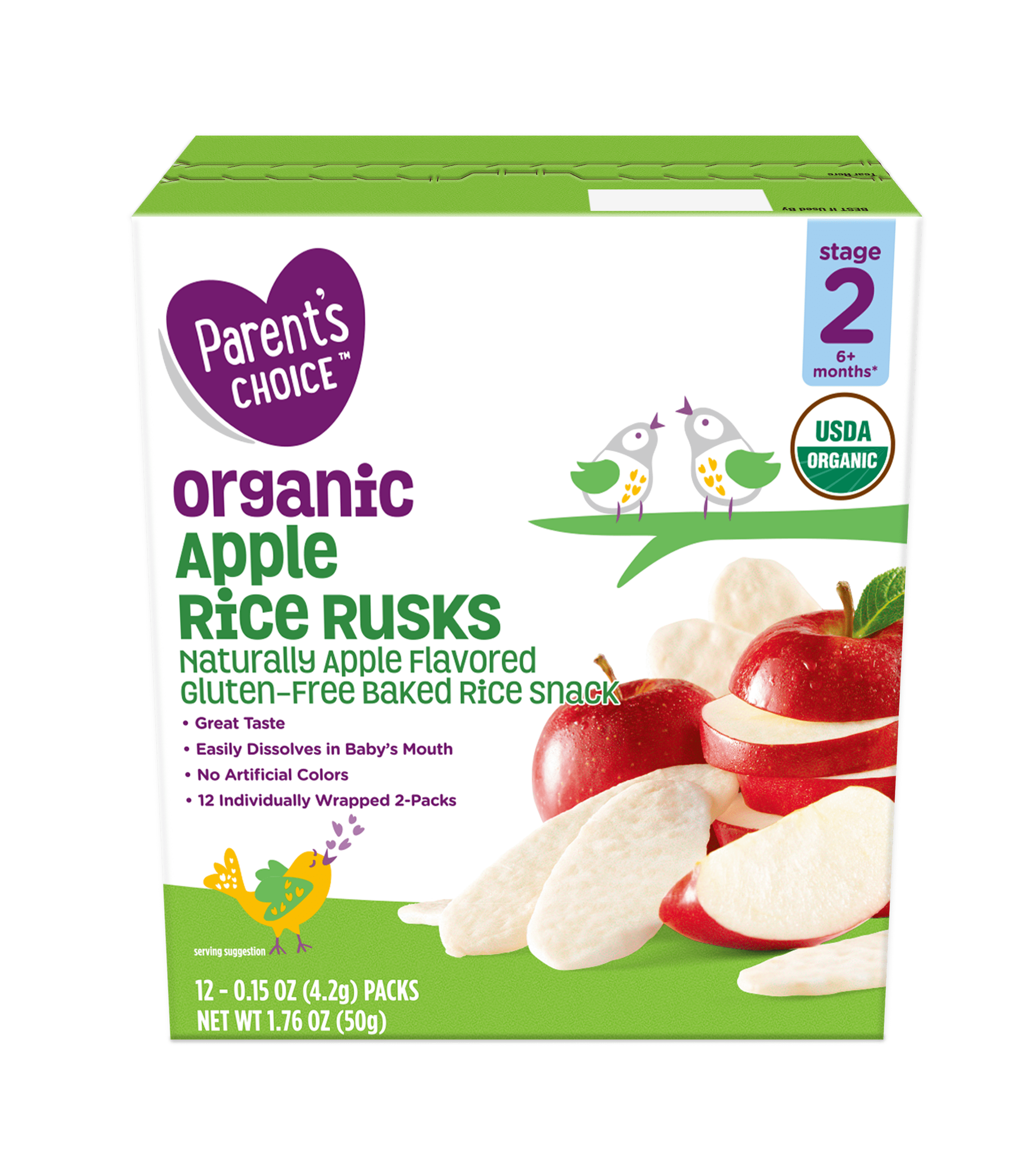 (12 pack) Parent's Choice Organic Stage 2 Apple Rice Rusks Baby Snack, 6+ Months, 0.15 oz, 12 Pack