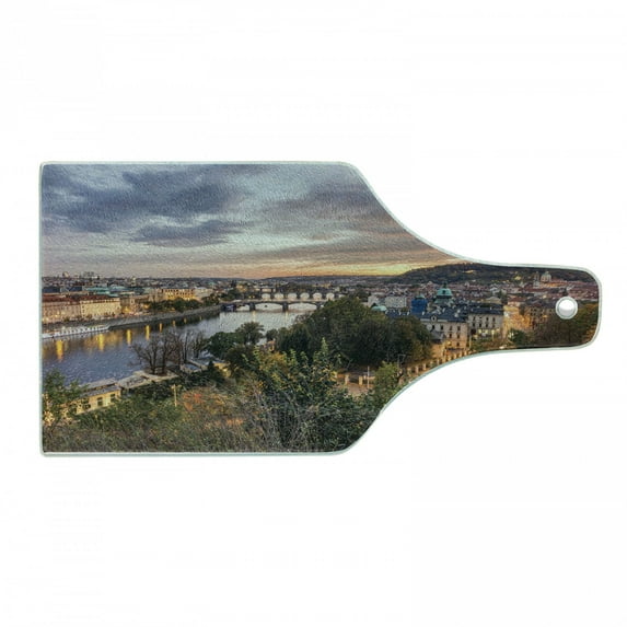 Prague Cutting Board, Valtava River During a Sunset in Czech Republic Landscape Illustration, Decorative Tempered Glass Cutting and Serving Board, in 3 Sizes, by Ambesonne
