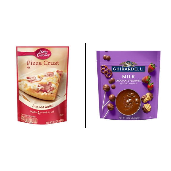 Betty Crocker Pizza Crust Mix 6.5 oz & Ghirardelli Milk Chocolate Flavored Melting Wafers 10 oz