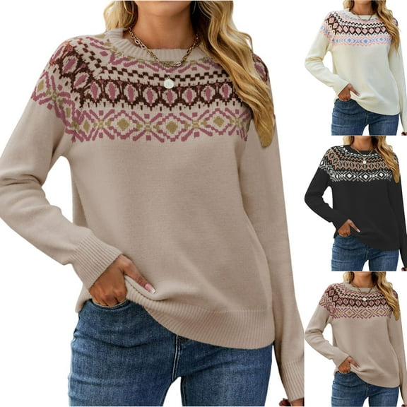 Women's Knitted Retro Round Neck Loose Pullover Sweater for Fall Winter Nostalgic Fashion,Beige,L