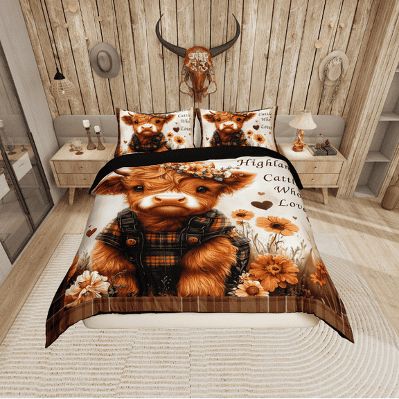Erosebridal Cute Highland Cattle Duvet Cover Twin, Cartoon Farm Animal Bedding Sets Twin Size, Chic Flower Room Decor, Reversible 2pcs (No Comforter)