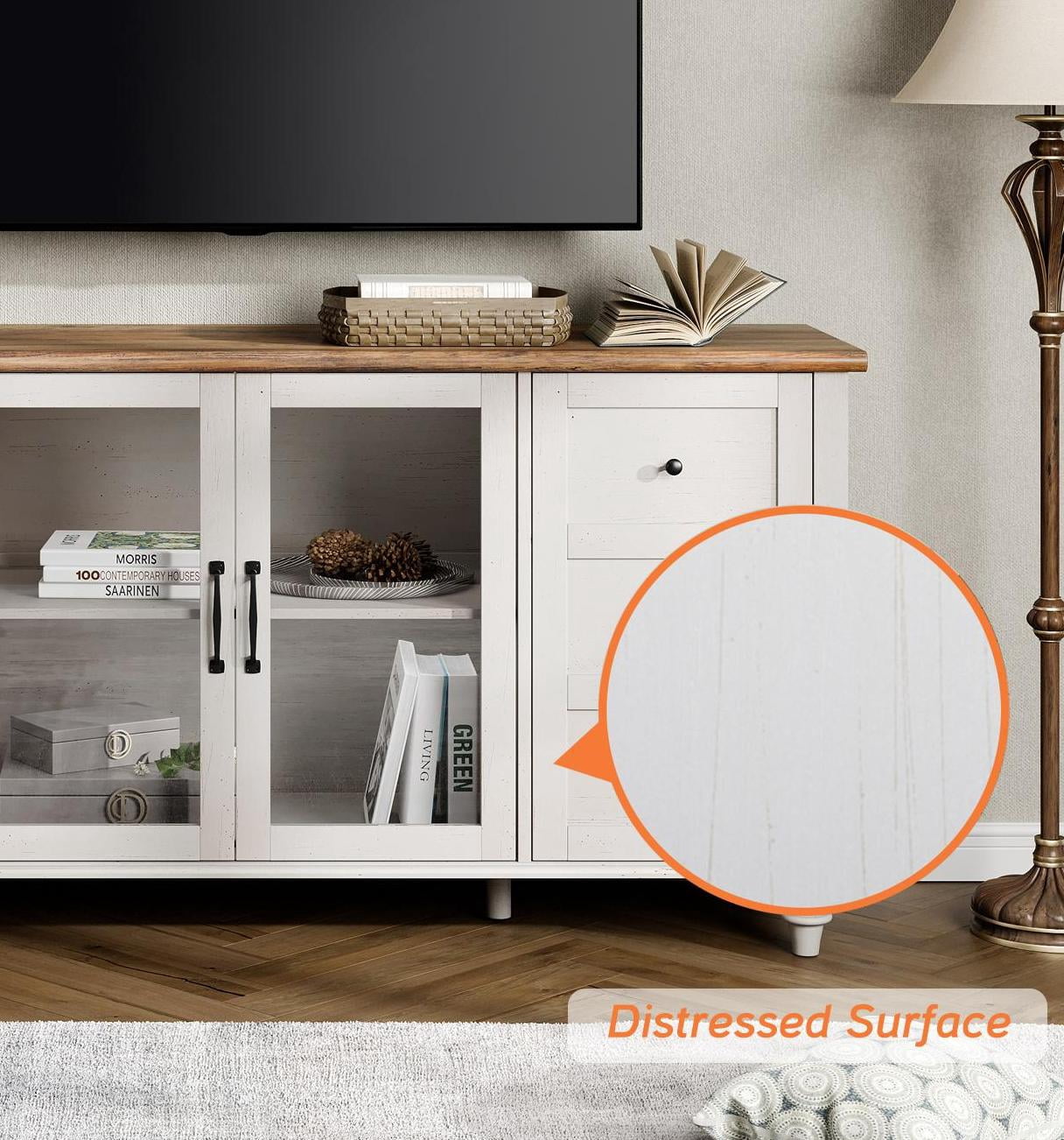 TV Stand with Glass Door for 65 Inch TV, Wooden Television Stands for Living Room, Off White